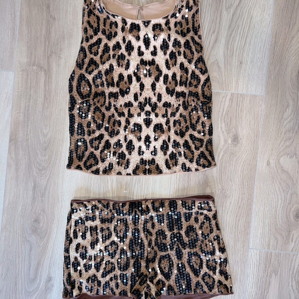 Leopard Print Sequin Crop Top and Shorts Set